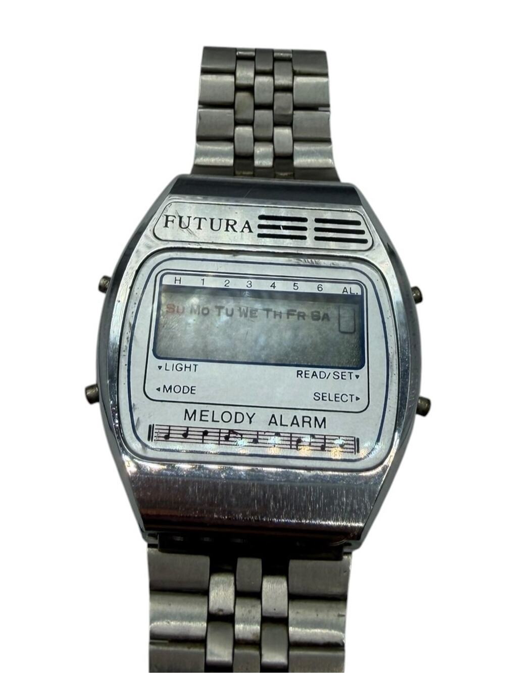 Vintage Futura Digital Melody Alarm Watch - Silver Tone Metal Bracelet Retro LCD